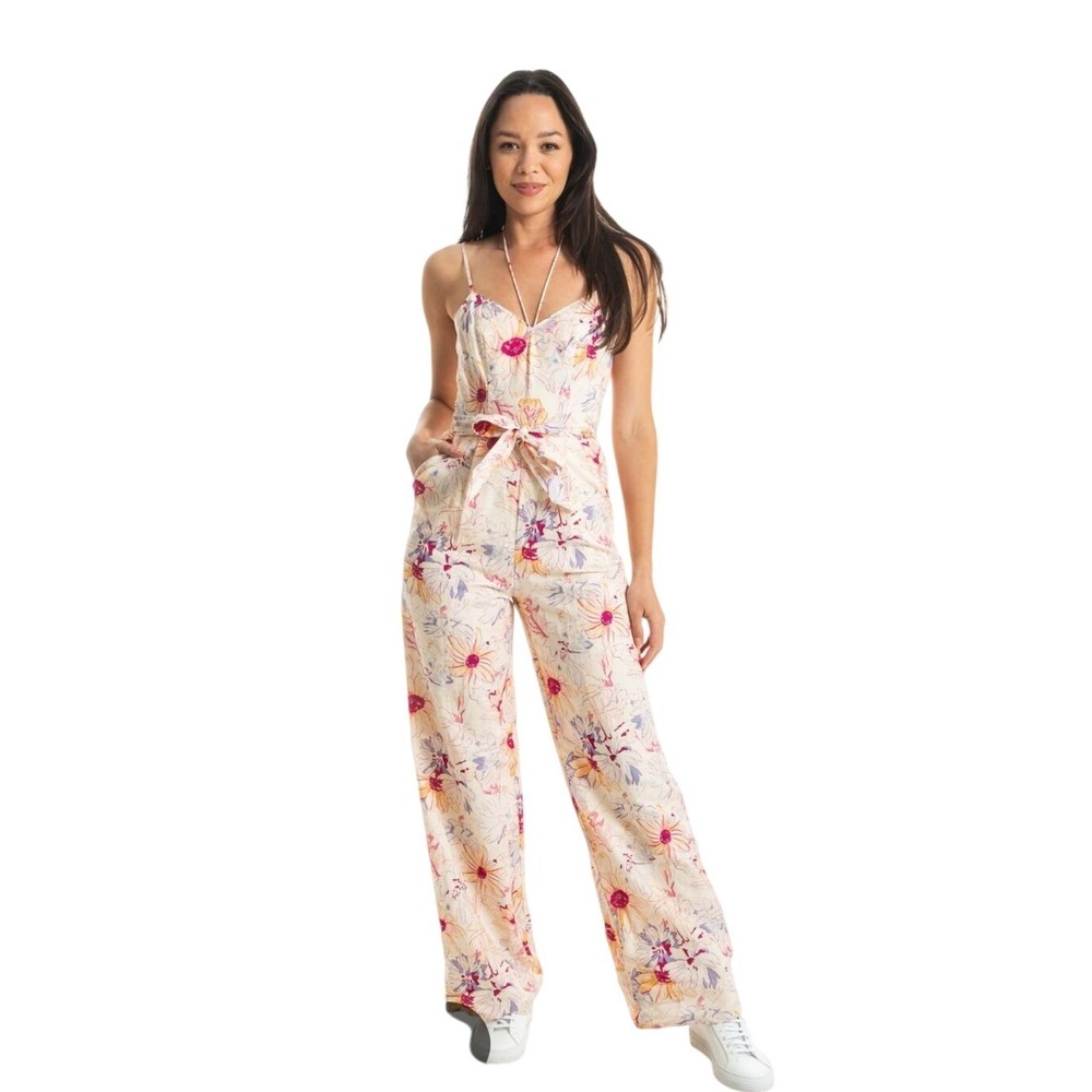 PAIGE Annessa Jumpsuit Floral Linen Blend Wide Leg Belted Pink Orange Size 6